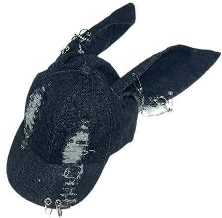 COSSIKA Y2K Metallkette Hasenohr Denim Baseball Distressed Baseball Cap mit Langen Hasenohren für Erwachsene Sonnenschutz Visiermütze Sommer Outdoor Radfahren