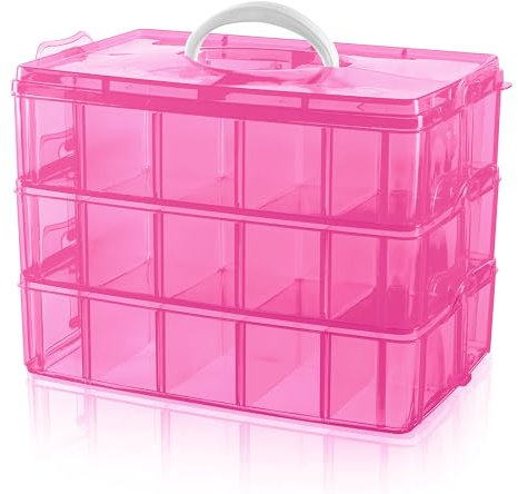 Daletu Boite de Rangement avec Compartiment, Boite de Tri 30 Compartiment pour Lego, Puzzle, Bijoux, Couture, Loisirs Créatifs, Trois Couches, 10 Compartiments Chacune, Transparent, Rose