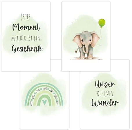 4er Set Baby DIN A3 Bilder mit Elefant, Regenbogen und Sprüchen, Poster mit Tiermotiv für Babyzimmer, 200g/m² Papier, Kinderzimmer Wanddeko, für Bilderrahmen, Dekoration für Jungen & Mädchen, Grün