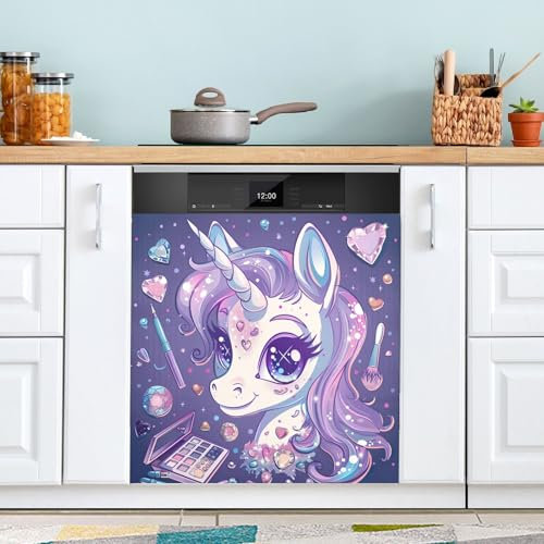 Adesivo magnetico per lavastoviglie, motivo: unicorno con occhi grandi, 58,4 x 66 cm, colore: Viola