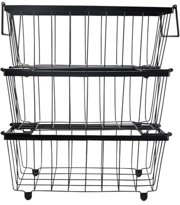 3 Stück Gefriertruhe Korb,Metall Gefrierschrank Organizer Stapelbare Drahtkörbe Mit Griff Und Rutschfestem Boden Drahtkorb ,Gefriertruhe Organizer für 5-7 Cu.Ft Kühlschrank,37.2X18X14cm(Schwarz)