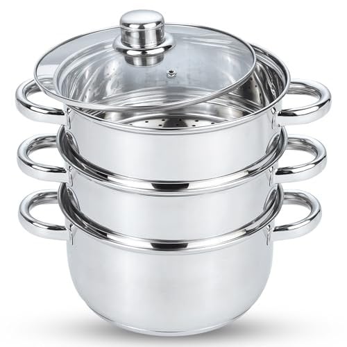 AKH HOUSEWARE 2 in 1 Stainless Steel Food Steamer Cooking Pots and Pans with Lid & Steam Vent 18cm 3 Tier Cookware Set 2.1 Litres All Hob Types Including Induction (Stainless Steel, 18CM)
