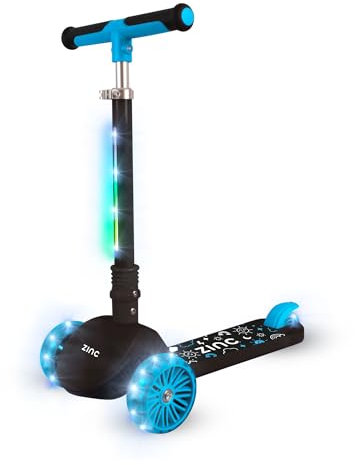Zinc Kinder Tretroller mit 3 Rädern, T-Motion Shine – Blau, leuchtende LED-Blinkräder und Vorbau, höhenverstellbar, faltbar, rutschfeste Griffe, Jungen und Mädchen, lehnen Sie Sich zum Lenken an,