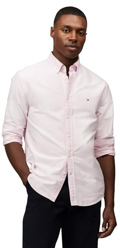 Tommy Hilfiger Mens Long Sleeve Oxford Shirts in Regular Fit, Men's Button Down Shirts, Also Available in Big and Tall, Classic Pink/White, Large