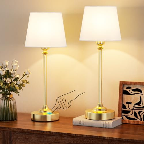 PreeOtti Tischlampe Kabellos 2er Set, Touch LED Nachttischlampe Akku, Stufenlos Dimmbar, Weißer Leinenschirm, Wederaufladbar Lampe mit USB-C Anschluss für Nachttisch Esszimmer Wohnzimmer(Messing)