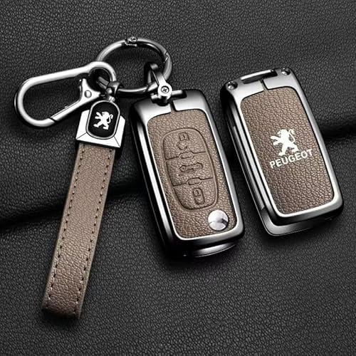 QYPLKJHG Coque de Clé de Voiture pour Peugeot RCZ 2010-2013, Housse de Protection Coque Clé avec Porte-Clés Coque Boîtier Clef de Telecommande Cuir Étui de Clé Carte Auto Accessoires,D-Beige 1