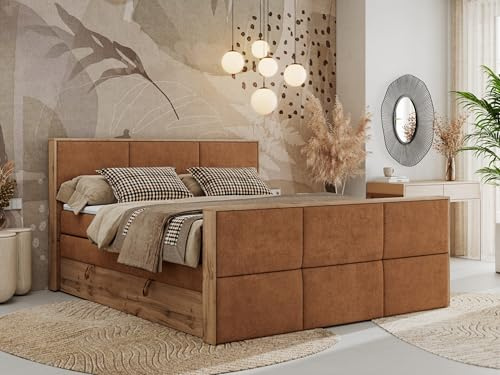 MKS MEBLE Boxspringbett 160x200 Albero 2 King Duo – Bett mit Bettkasten, Kopfteil & Fußteil – 2 Matratzenebenen (7-Zonen Multipocket + Pocket) – Matratze H4 – Topper T25 – Orange Strukture