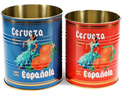 Rex London Cerveza Española Storage Tins Set of 2 - Vintage Kitchen, Medium | storage tin, snack tin, can storage, vintage kitchen accessories, retro kitchen accessories, snack canister, retro can