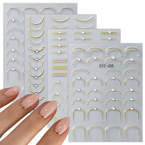 JMEOWIO 3D Nagelsticker French Tip Goldlinie Nail Art Sticker Selbstklebend Nagelaufkleber 5D Stereoskopisch Dekoration Nageldesign Zubehör 4 Blatt