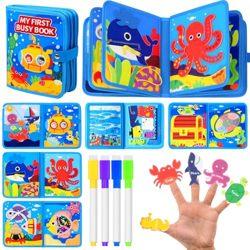 Montessori Livre de feutrine Quiet Book Busy Board à partir de 1, 2, 3 ans, avec thème océan, jouet de motricité pour bébé, sensoriel, livre d'activité, avec 10 pages de jeu, jouet de voyage, avion