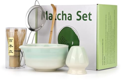 Spesh Lot de 5 Matcha Set Ensemble Matcha Traditionnel Service à thé Japonais avec Matcha Fouet(Chasen), Bol, Cuillère (Chashaku), Support de Fouet à Matcha, Tamis Inox(Vert Dégradé)