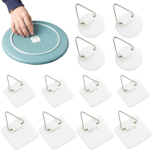 12Pcs Wall Plate Hangers, Self Adhesive Picture Hangers, Frame Hanger Without Nails, Picture Hanging Hooks, Plate Holders, Hanging Pads for Glass Ceramic Displaying Decorative and Wall Art Photo