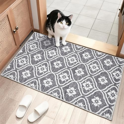 Waschbarer Kleiner Teppich 60X100cm, Fussmatte Innen Ultradünner, Grau | Teppiche Mit Marokkanischem Muster, Schmutzabweisend Für Flur, Kinderzimmer, Küche, Schlafzimmer