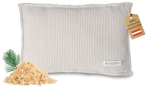SAUNASOFA Zirbenkissen aus 100% Bio-Baumwolle in Perlmutt | Duftkissen zum Schlafen & als Sauna Zubehör, Handgefertigt in Europa, Saunakissen Geschenk aus natürlicher Zirbe, 26x40 cm