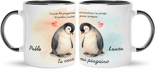 Gifters | Pack 2 Tazas Personalizadas para Parejas con Nombres | Diseño Pingüinos para Siempre | 325 ml | Regalo Original y Romántico Novios, San Valentín, Día Enamorados, Aniversario