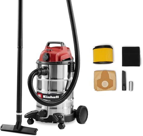 Einhell Wet and Dry Vacuum Cleaner 900W 30L Stainless Steel Tank | 190 Mbar, Automatic Power Socket Wheels and Rollers, incl. Nozzles, Filters and Dirt Collection Bag TC-VC 3055 SA