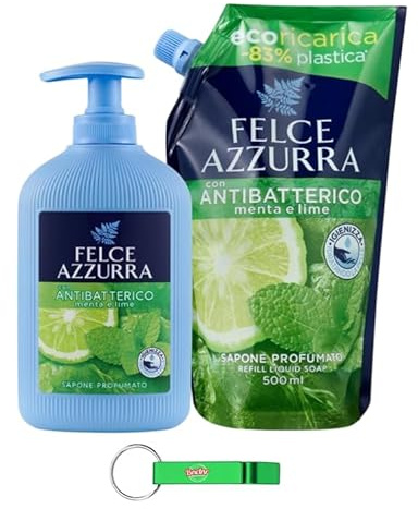 Felce Azzurra Sapone Liquido Menta e Lime Pacchetto di prova/Ricarica 1 × 500 ml + Sapone 1 × 300 ml Sapone per le mani con profumo di culto dall'Italia + Portachiavi Beni Culinari