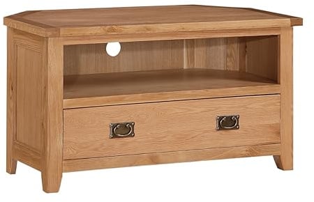 Stirling Solid Oak Corner TV Unit, Rustic Oak Entertainment Cabinet with Storage Drawer and Shelf – Pre-Assembled Wooden Media Stand for Compact Living Rooms & Corner Spaces