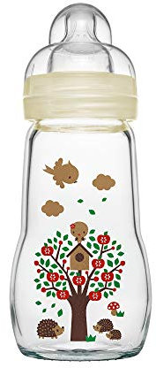 MAM Feel Good Biberon en verre (260 ml), biberon stable à large ouverture, avec tétine Taille 1, dès la naissance, motifs nature, beige