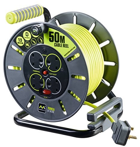 Masterplug OLU50134SL-PX Pro-XT Four Socket Open Cable Reel with Winding Handle, Thermal Cut Out and Power Switch, 50 Metres High Visibility Cable, Green