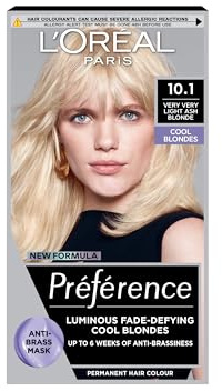 L'Oreal Paris Permanent Hair Dye, Preference 10.1 Very Very Light Ash Blonde, 100% Grey Coverage, Long Lasting, Luminous Hair Colour with Anti-Brass Purple Mask, Luminous Reflects, Pack of 1