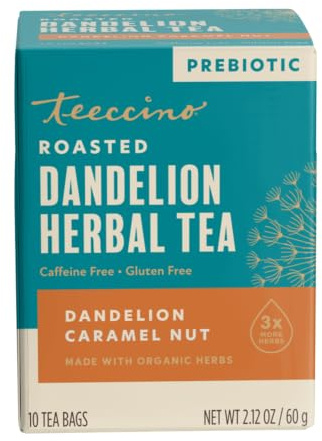 Teeccino Dandelion Caramel Nut Tea - Caffeine Free, Roasted Herbal Tea with Prebiotics, 3x More Herbs than Regular Tea Bags, Gluten Free - 10 Tea Bags