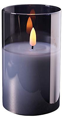 Hochwertige & Edle LED Kerze im Glas - Timer - Realistisch Flackernd - Neuartiges Design (Grau, Höhe: 12,5cm - Ø 7,5cm)