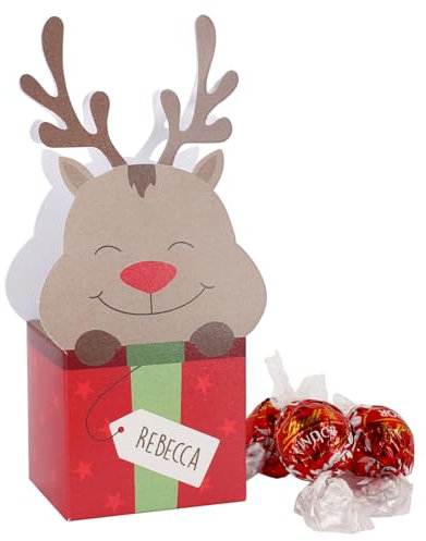 Herz & Heim® Lindt Lindor Kugeln 3 Stück in handgefertigter Rentier Verpackung als Weihnacht-Geschenk Wichtel oder Nikolaus mit Wunschnamen personalisiert