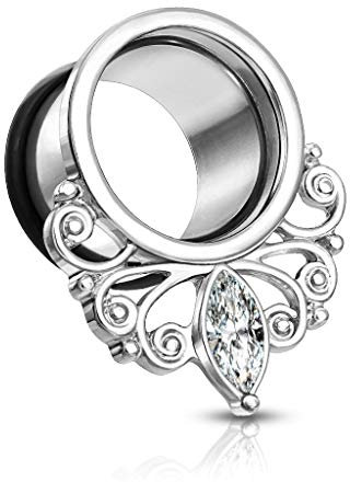 beyoutifulthings Ohr-Tunnel Vintage Marquise Zirkonia Clear Silber Ohr-Piercing Edelstahl Ohr-Schmuck Sinlge Flare O-Ring 5mm