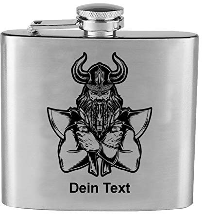 Flachmann Motiv Wikinger, Odin,Walhalla graviert mit Wunschgravur, Original Edelstahl personalisiert mit Wunschname (nur Kopf)