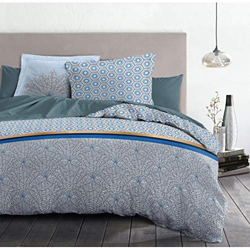 Home Linge Passion | Housse de Couette - 3 Pièces | 100% Coton - 57 Fils | 2 Personnes - 220x240 cm | LOUXOR Bleu