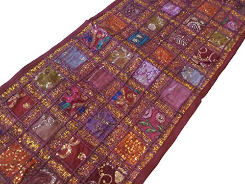 PUSHPACRAFTS Braune Farbe kastanienbraun Handbestickter Vintage-Tischläufer, indischer Sari, Baumwolle, Patchwork-Tischläufer, Bohemian-Stil, bunt, indische Dekoration, Wandbehang