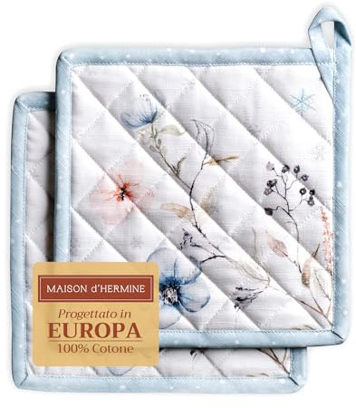 Maison d' Hermine Topflappen, 100% Baumwolle, Topfhalter, 2er-Set, hitzebeständig, mit Schleife, Hot Pads, für Küche, Backen, Koch, Ice Florals – Erntedankfest/Weihnachten (20cm x 20cm)