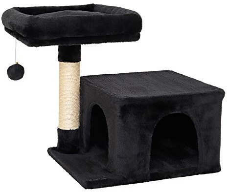 lionto Kratzbaum für Katzen mit gemütliche Liegefläche & Höhle, Höhe 50 cm, Katzenbaum mit Plüschball inkl. Glöckchen, Sisalseil & weichem Plüsch, für kleine & große Katzen geeignet, schwarz