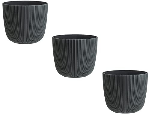 Engelland - 3 x Blumentopf mit Drainagesystem, Anthrazit-Grau, Rillenoptik, Pflanz-Topf, Kübel, modern, widerstandsfähig, rund, wetterfest, Kunststoff, Ø 15 cm, 1,8 Liter