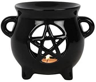 Horror-Shop Schwarze Duftlampe als Hexenkessel mit Pentagramm