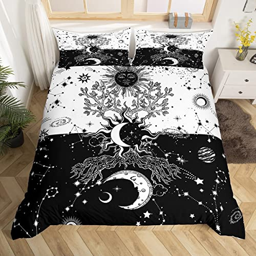 Loussiesd Sun and Moon Bettbezug Schwarz und Weiß Yin Yang Bettwäsche Set Boho Trippy Baum des Lebens Bettdeckenbezug für Jungen Mädchen Kinder Weltraum Universum Planeten Bettdeckenbezug Doppel