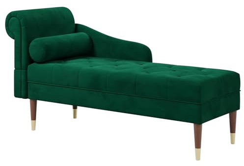 Vesgantti Velvet Chaise Longue, Indoor Lounge Sofa with Left Armrest and Lumbar Pillow, Upholstered Chaise Lounge for Living Room Bedroom and Office, Tool-free Assembly(Green)