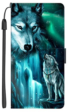 VLQI Coque Compatible avec Xiaomi Redmi Note 11 Étui Rabattable Motif Loups Bleu Housse Flip Cover Magnétique PU Cuir Support Porte-Cartes Pochette Antichoc Protection