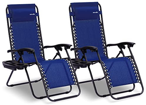 SereneLife Gartenliege Wetterfest, Sonnenliege Klappbar & Verstellbar als Liege, Sonnenstuhl als Gartenbett, Deckchair 2er Set Dunkelblau, Klappliegestuhl mit Seitentisch, Kopfkissen & Getränkehalter
