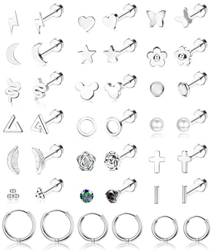 Milacolato 18-21 Paar Helix Piercings Knorpel Ohr Piercings Ohrringe Für Damen Tragus Piercing Silber Ohrstecker Edelstahl Damen Edelstahl Moon Star Heart Disc CZ Geometrische Piercing Schmuck