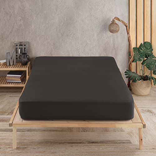 Vency Premium Jersey Spannbettlaken 200x200cm Schwarz - Spannbetttuch 100% Baumwolle, Bettlaken 200x200 Bis 35 cm Matratzenhöhe Schwarz