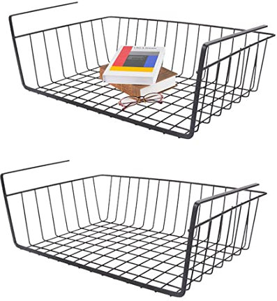 Cesta de almacenamiento para el suelo, 2 unidades, cesta colgante de metal, cesta para colgar debajo del armario, cesta para cocina, oficina, despensa, baño, armario, color negro