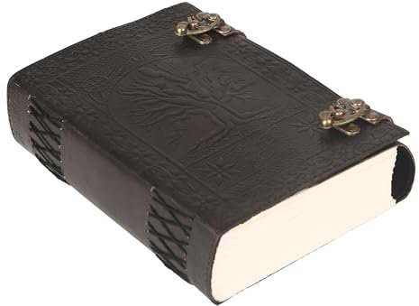 TUZECH Handgefertigtes großes Leder-Tagebuch, 600 Seiten, geprägt, Baum des Lebens, Buch der Schatten, Notizbuch, 7 Chakra, Grimoire, Skizzenbuch, 17,8 x 25,4 cm, Lederbindung (schwarz)