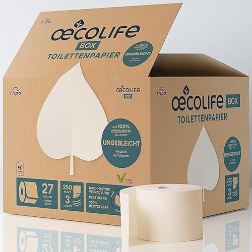 oecolife papier toilette non blanchi, 3 couches, 27 rouleaux x 250 feuilles, emballage en vrac, super doux, sans plastique, papier hygiénique, végétalien, papier toilette durable