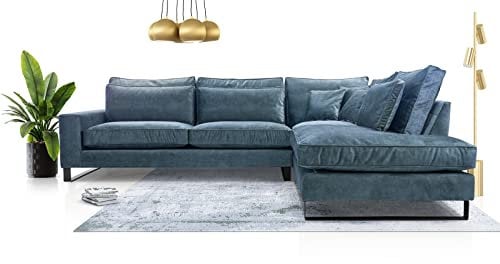 Siblo Ecksofa mit Kissen 90x310x224 cm CORBLACK Kollektion - Elegante Polstersofa - Große Couch L Form für Wohnzimmer - Freistehendes L-Sofa - Eckcouch 4 Sitzer - Blau - Rechte Seite