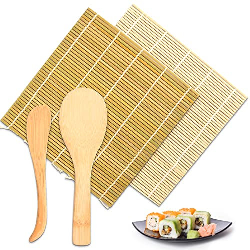 Pinsheng Bambus Sushi-Kit, Sushi Roll-Kit 4 Teilig Natürliche Bambus Rollen Matte Sushi-Matte Inklusive 2 Bambus-Rollmatten 1 Reislöffel 1 Reisspatel 1 Bedienungsanleitung