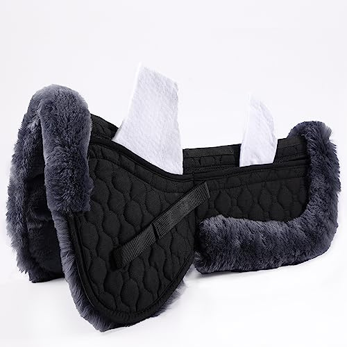 Merauno® Lamb wool half Pad Lamb wool Saddle pads with pocket 4 Pcs Felt Inserts Contains and Quilted Cotton High Withers Spine clean pads (Full, Anthracite Lamb wool+Black Quilted Cotton)