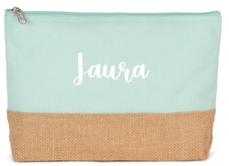 Neceser Personalizado con Nombre Algodón Canvas y Yute Color a Elegir (Verde Menta)