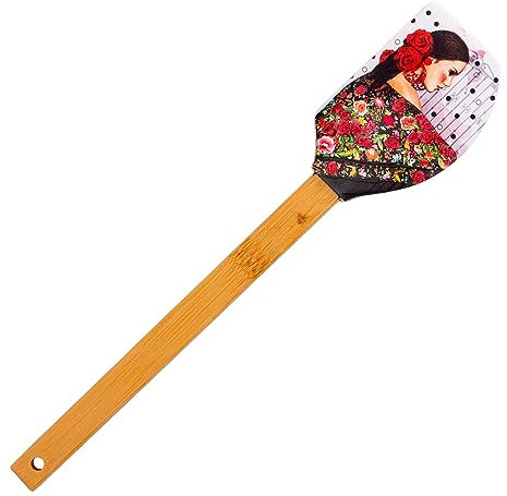 Espátula de Cocina en Silicona con Estampado y Mango de Bambú de 31 cm, Libre de BPA (Flamenca)